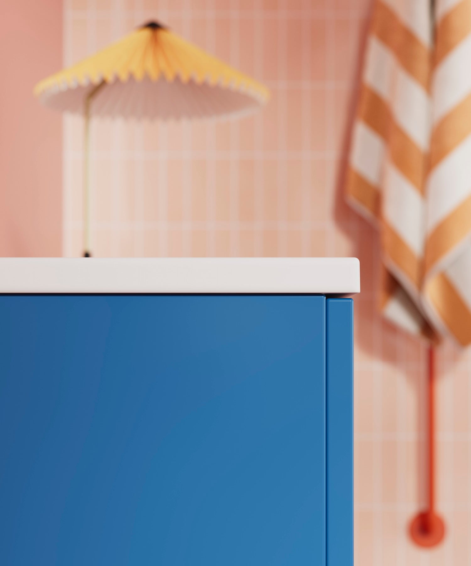 INR blue bathroom counter. yellow lamp and pink background