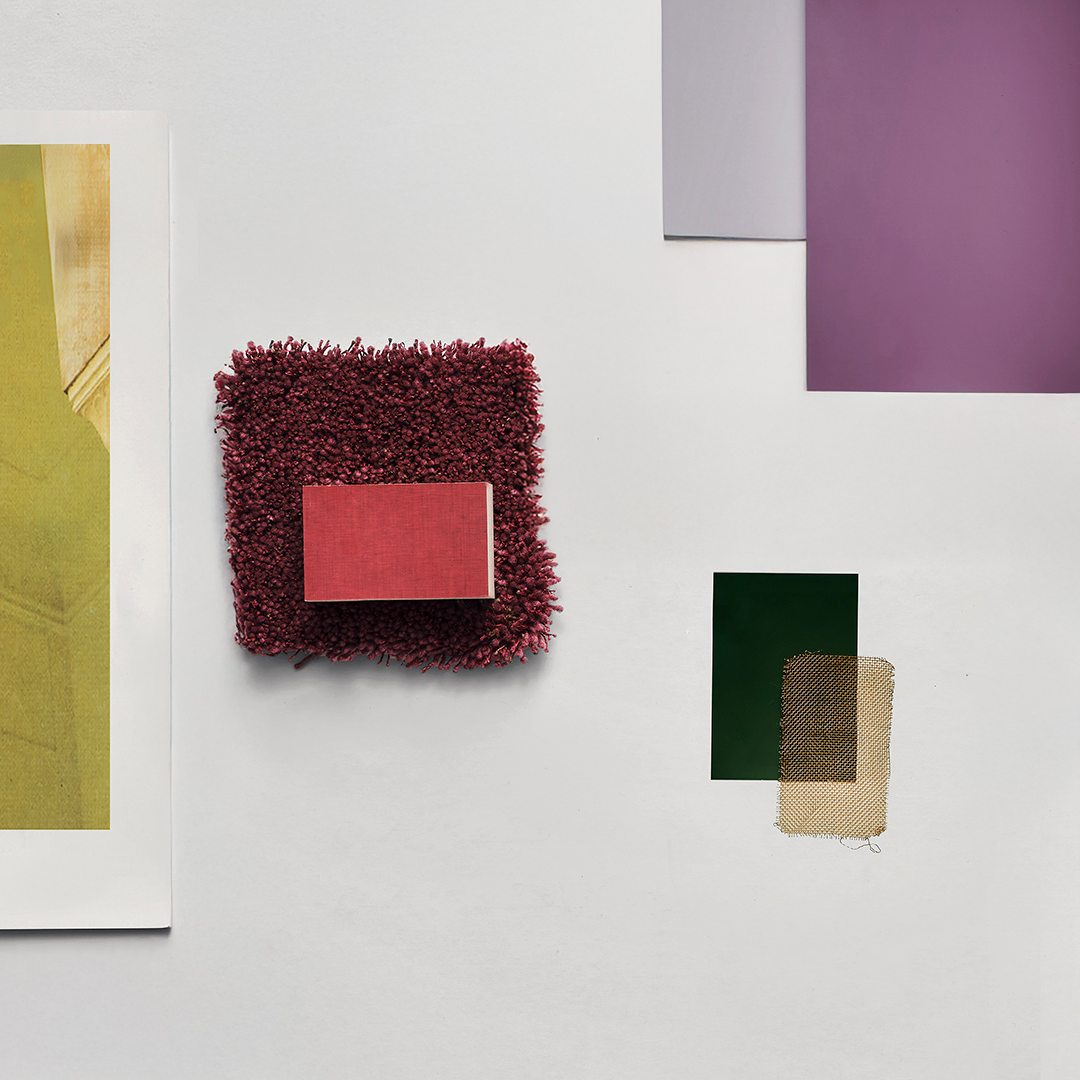 Moodboard, different colour samples and fabric