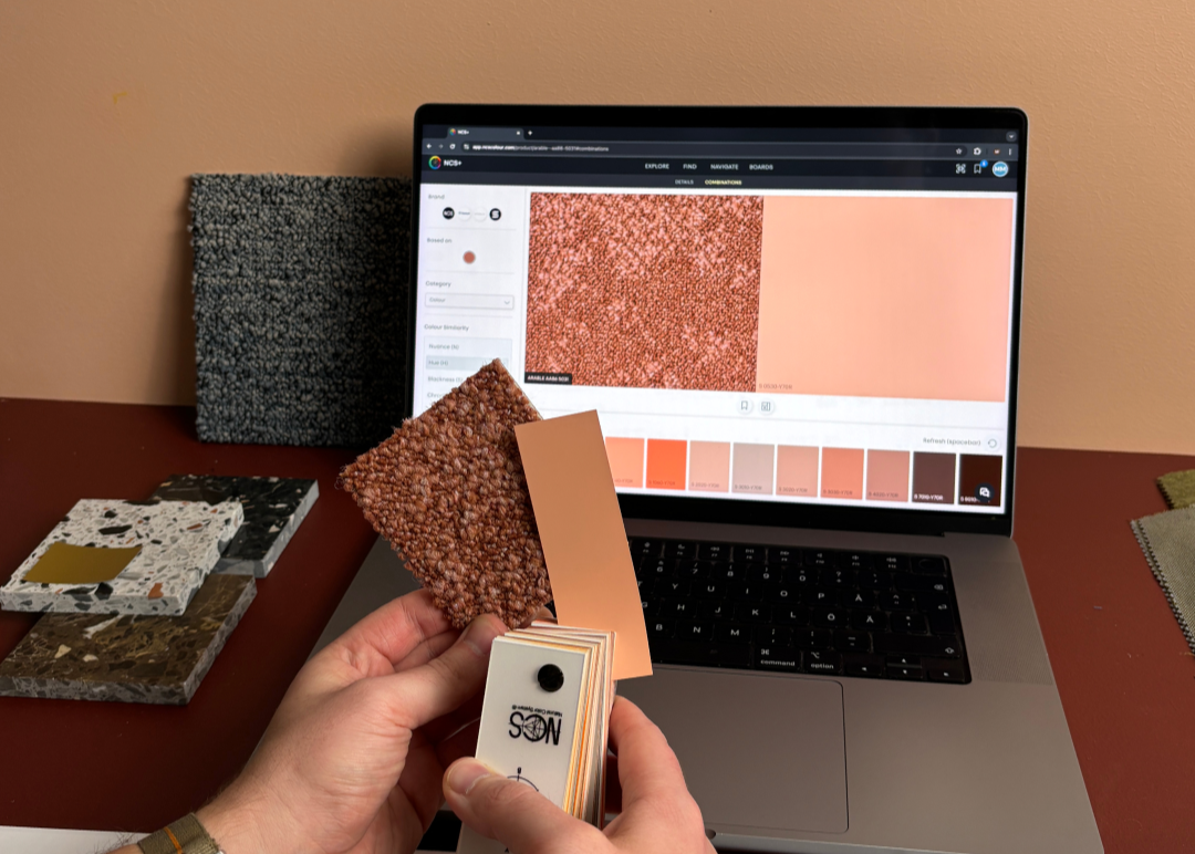 Physical and digital moodboard of different textures and colours